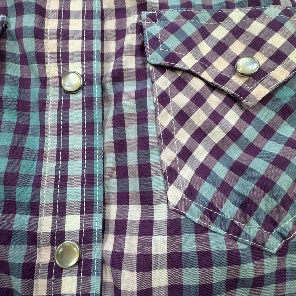 Wrangler Western Shirt Womens Small Purple Teal Plaid Pearl Snap Retro Cowgirl - Picture 13 of 15